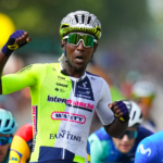 Eritrea's Biniam Girmay after winning ahead of Colombia's Fernado Gavira, right, during the third stage of the Tour de France in Turin, Italy, on Monday.