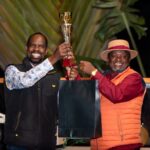 The CEO Thika Greens Sen. Charles Kibiru (right) awards the Overall Winner Capt. Henry Kinyua, the overall winner of the CEOs Golf Day at Thika Greens golf resort on 27th July, 2024.