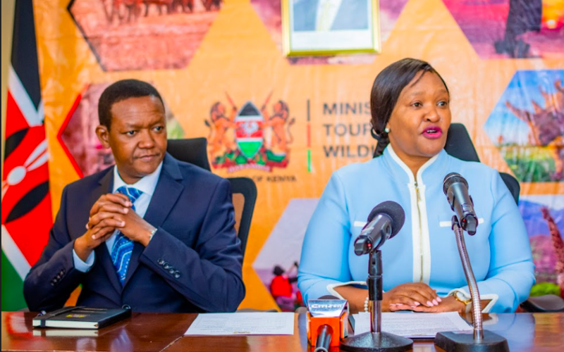 Outgoing Tourism and Wildlife Cabinet Secretary, Dr. Alfred Mutua, hand over office to incoming Cabinet Secretary, Rebecca Miano, during a brief ceremony at the Ministry’s Headquarters in Nairobi.