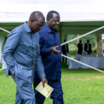 President William Rutoand ODM leader Raila Odinga having a discussion at President Yoweri Museveni's Kisozi country home in Uganda on February 26, 2024