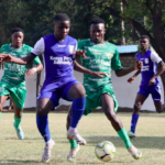 Bandari FC midfielder (L in blue jersey) controls a ball in their Premier League match against Mara Sugar FC at the Mombasa Sports Club on September 15, 2024. Bandari won 1-0.